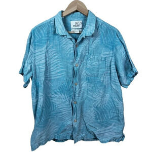 28 Palms • Blue Palm Silk Linen Button Down Short Sleeve Shirt